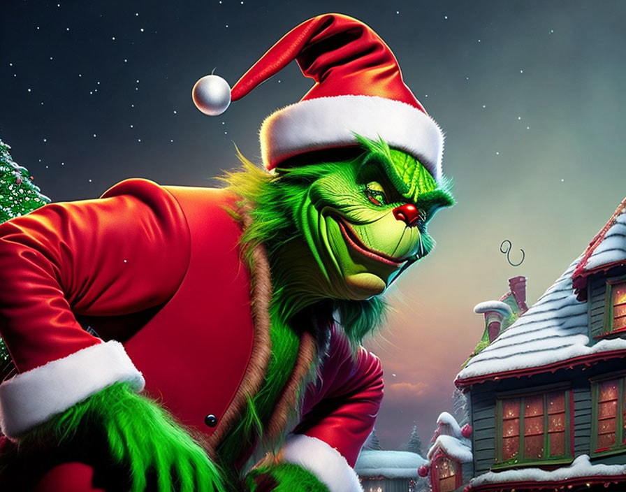 Mischievous Grinch in Santa Claus attire in snowy village scene