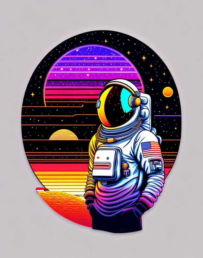 Colorful Astronaut Illustration in Space with Celestial Bodies and Stars