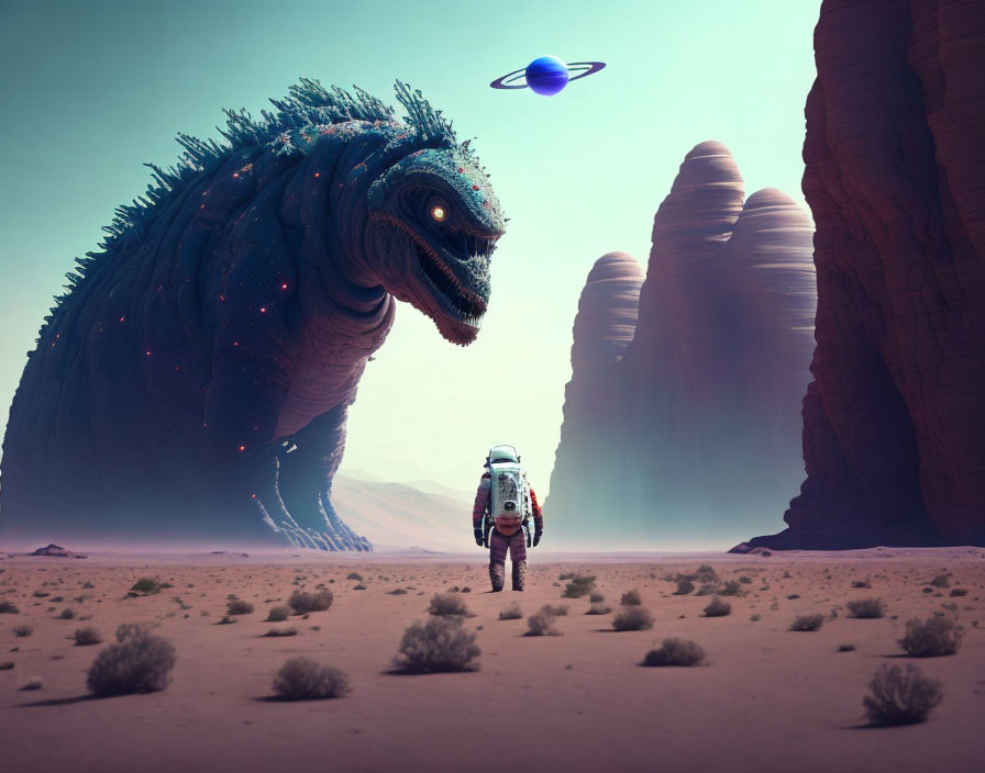 Astronaut encounters alien creature on desert planet.