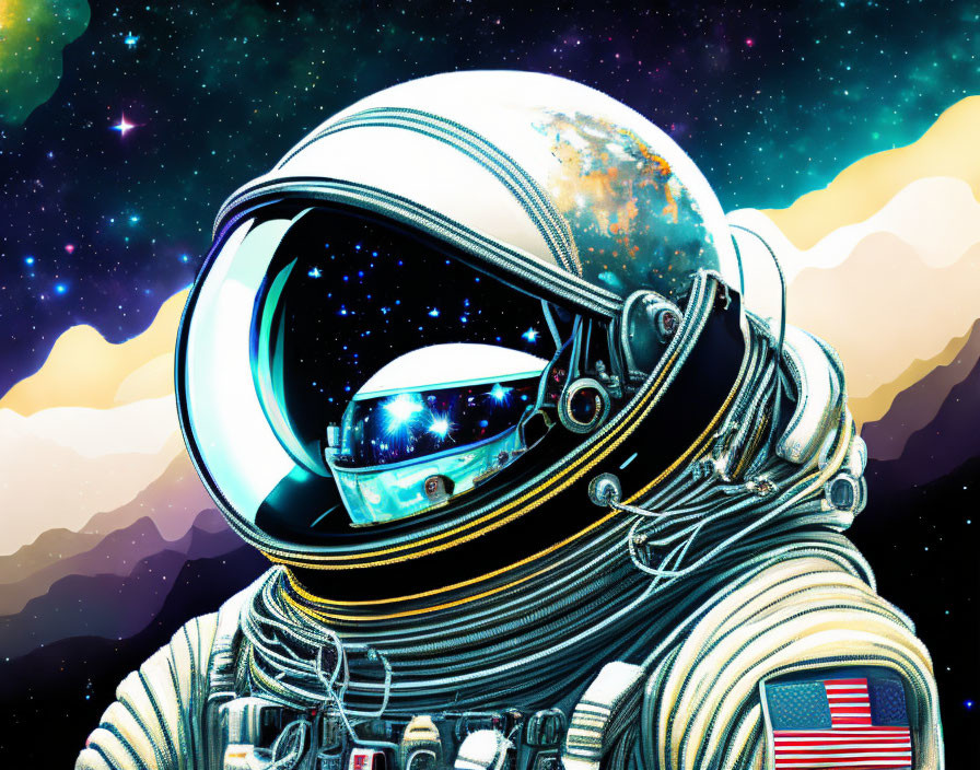 Colorful Astronaut Illustration in Space Suit with Cosmic Reflections