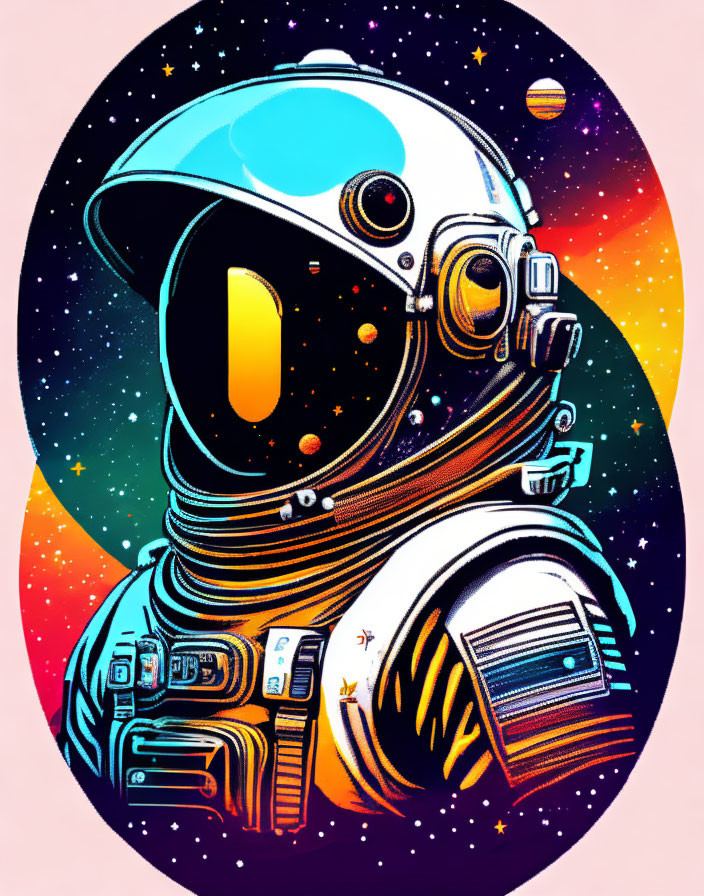 Vibrant astronaut helmet art with space scene in colorful hues