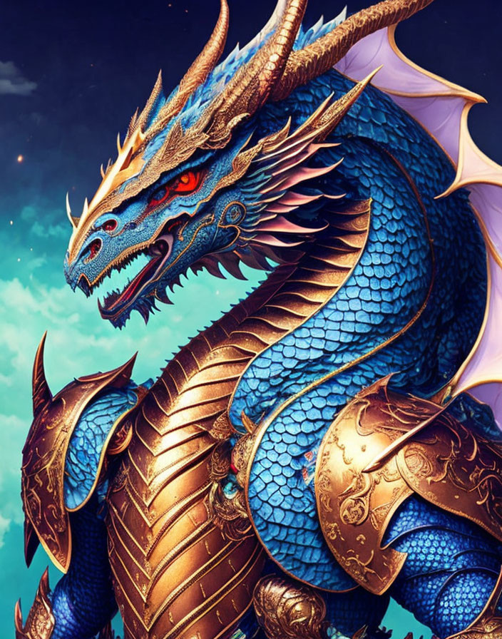 Blue dragon with armored scales and golden trim under starry sky