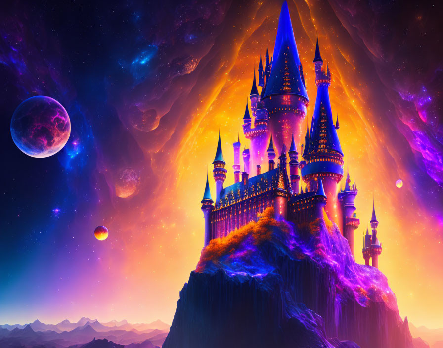 Fantasy castle on cliff under starry sky with nebulae and moons