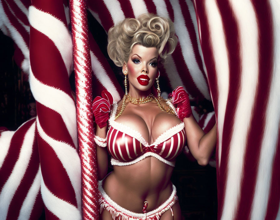 Woman in retro Hollywood hairstyle and makeup in candy cane-themed costume against striped backdrop