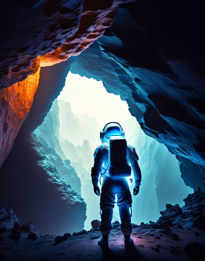 Astronaut at cave entrance with radiant blue light illuminating rocky terrain