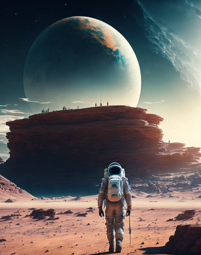 Astronaut and explorers on alien desert with rocky plateau and looming planet