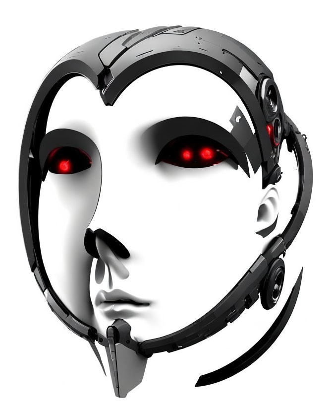 Stylized 3D rendering of humanoid robot head with white face and red eyes