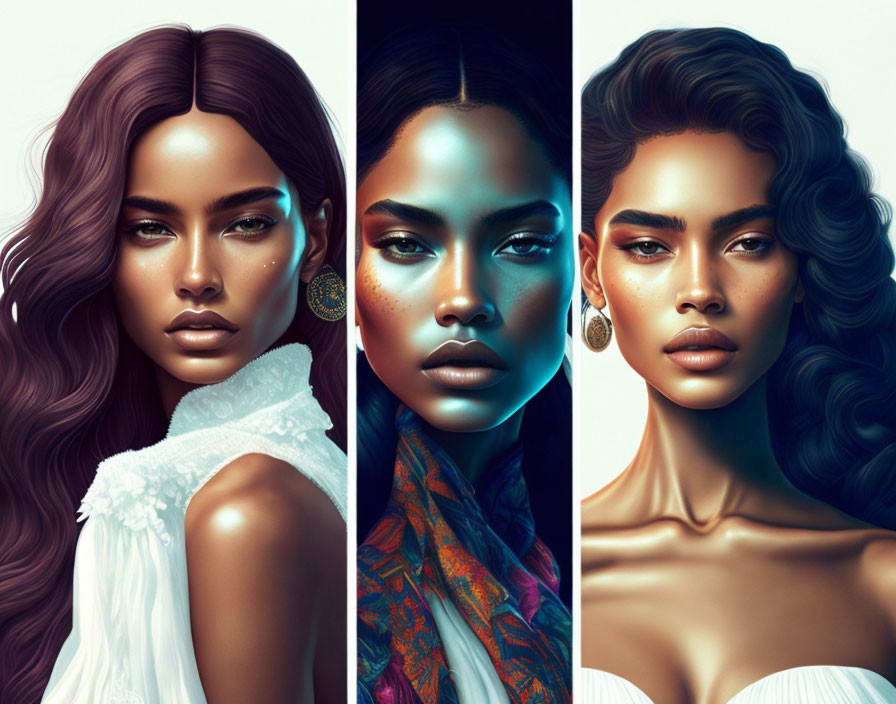 Stylized portraits of a woman with varied hairstyles and outfits in warm tones