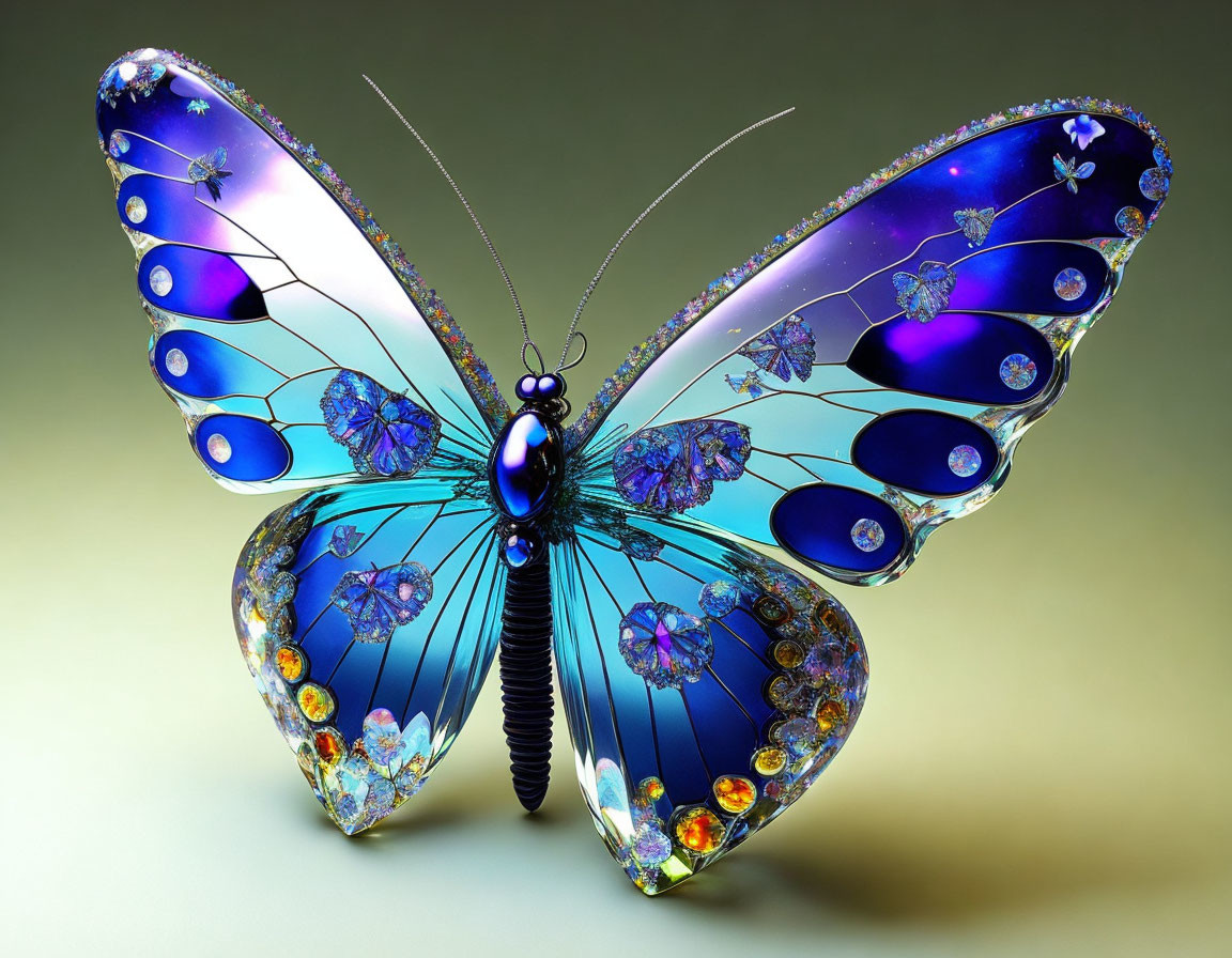 Colorful Digital Butterfly with Jewel-Encrusted Blue Wings