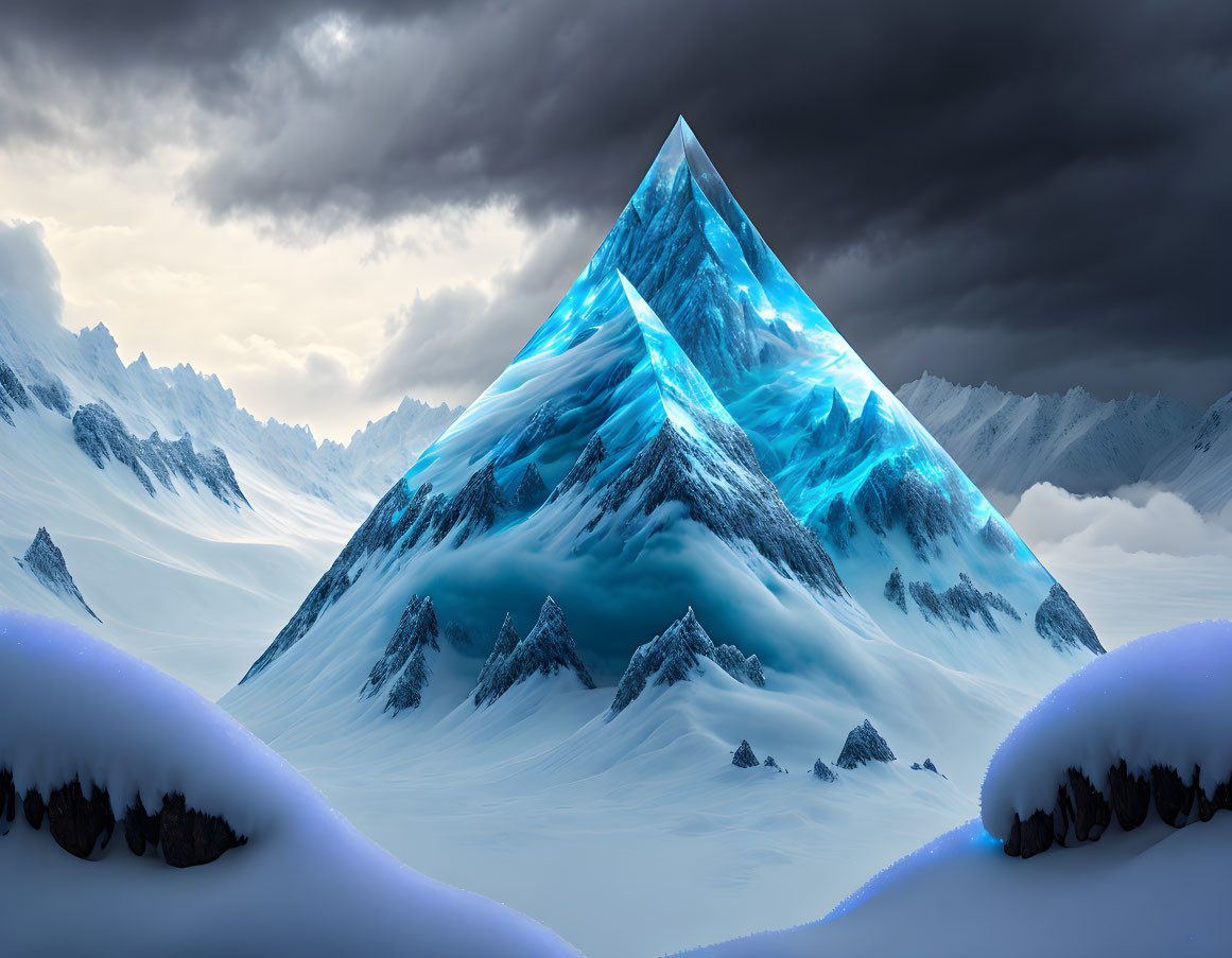 Digitally-altered surreal image: Translucent blue mountain on snowy landscape