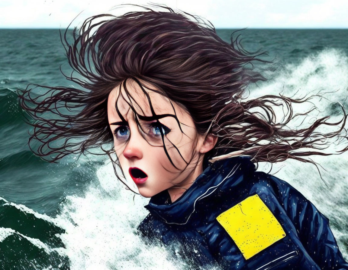 Young girl with wide, fearful eyes and wind-blown hair against ocean backdrop