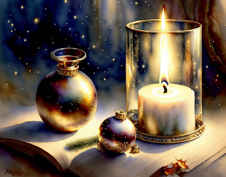 Lit candle in glass hurricane with festive ornament, bottle, open book, against starry winter backdrop