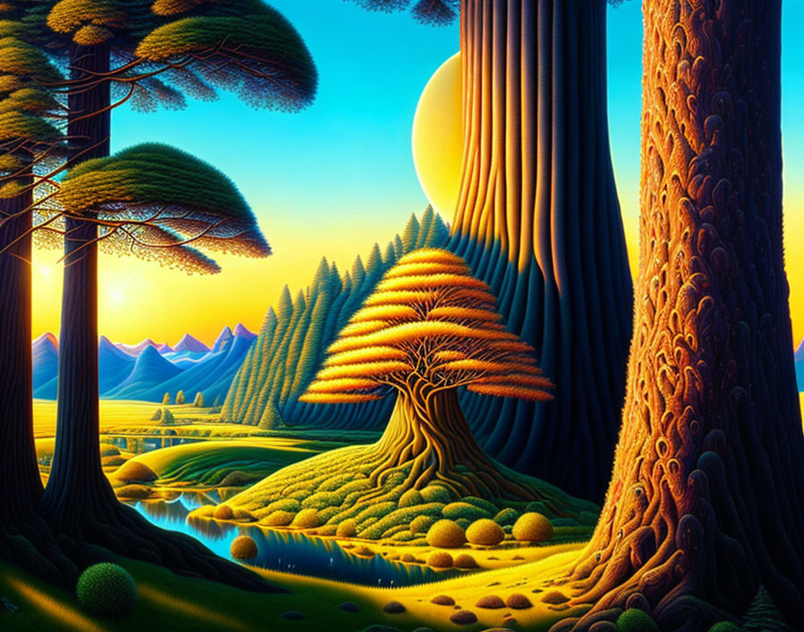 Colorful surreal landscape: stylized trees, reflective river, rolling hills, large sun