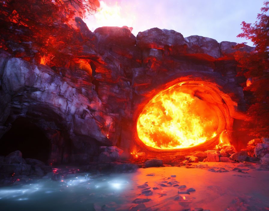 Rocky landscape with fiery orange cave and tranquil blue pond