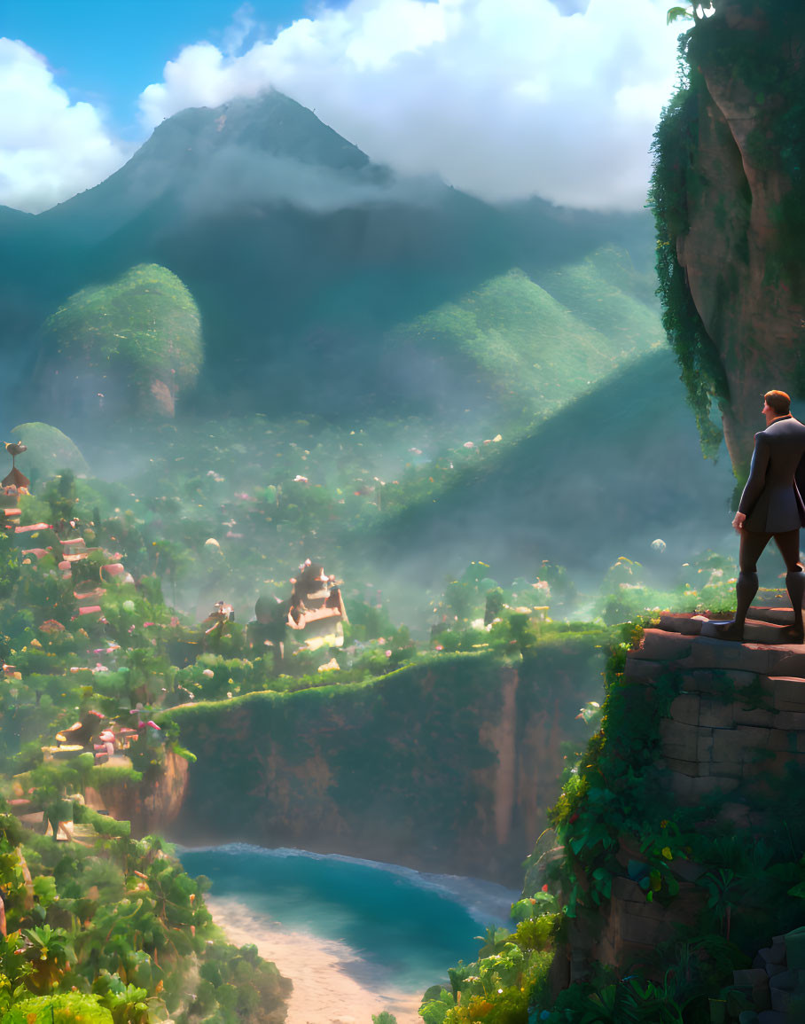 Scenic view of person on cliff with lush valley, river, ruins, and misty mountains