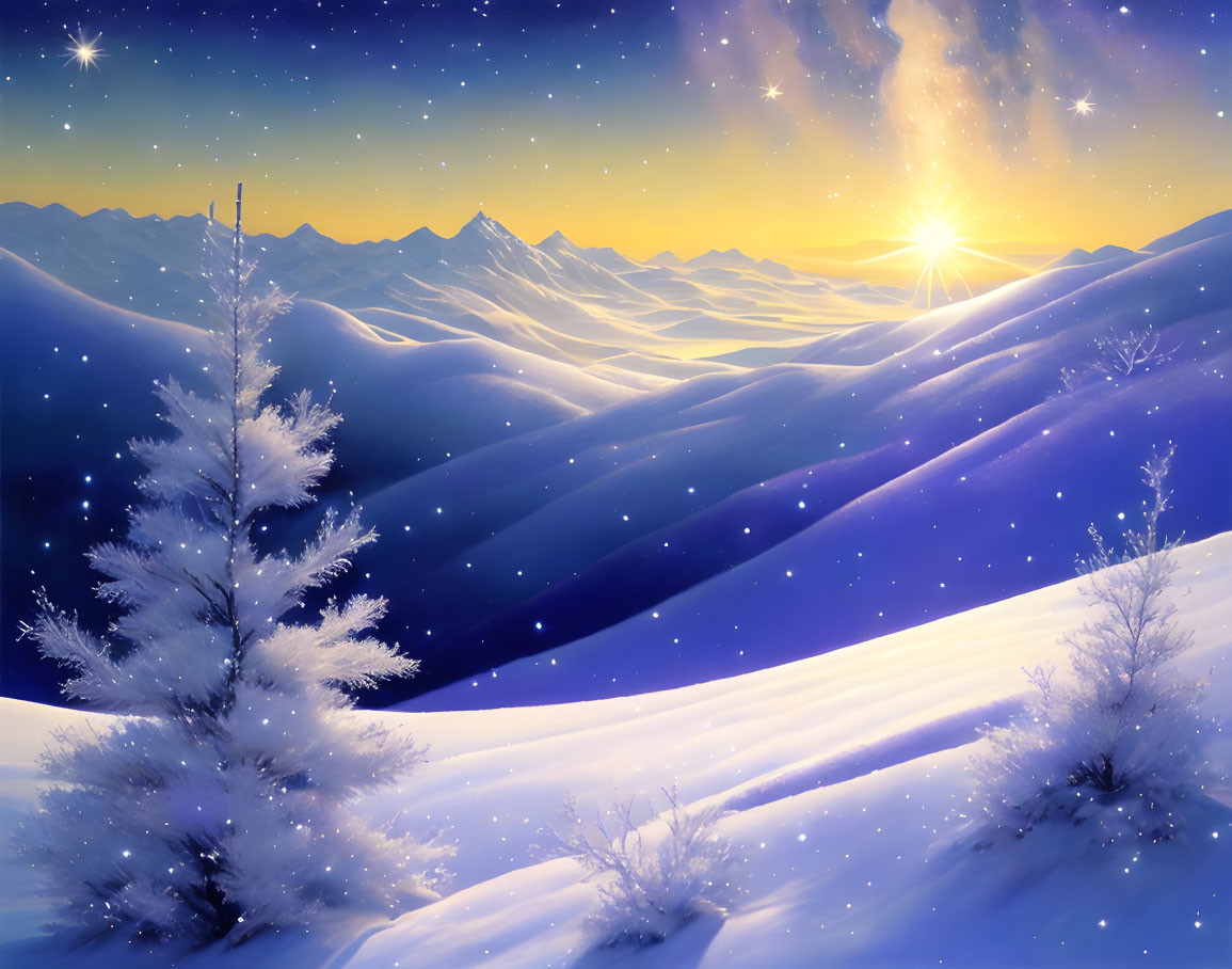 Snow-covered hills and trees in a starlit winter scene with a bright celestial body.