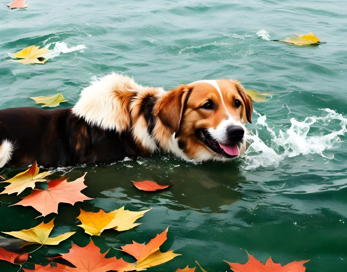 Dog swimming in water with autumn leaves.