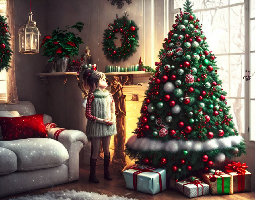 Festively dressed girl by Christmas tree in cozy room.