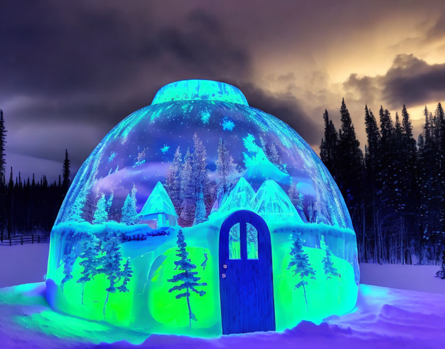 Vibrant blue and green illuminated ice igloo in snowy twilight landscape