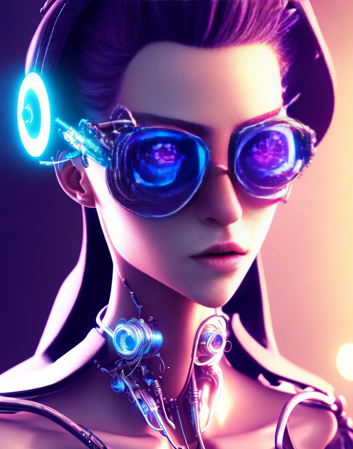 Female character with cybernetic goggles and purple lighting.