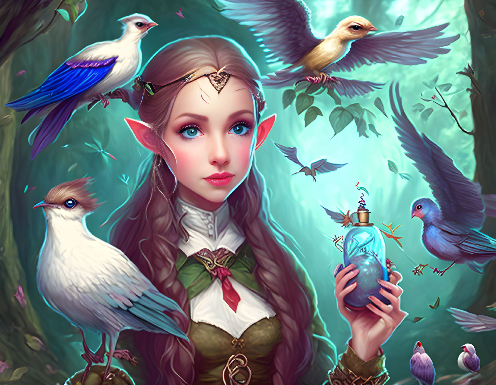 Ethereal elf with glowing lantern in forest surrounded by colorful birds