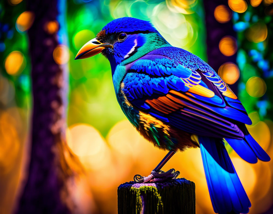 Colorful Bird with Blue and Orange Plumage on Stump with Bokeh Background