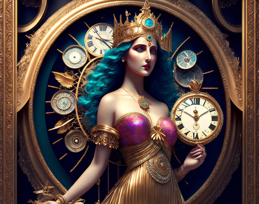 Illustrated queen with blue hair and golden crown in fantasy-themed setting.