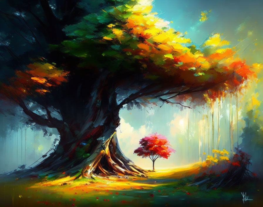 Colorful magical forest painting with large and small trees in sunlight.