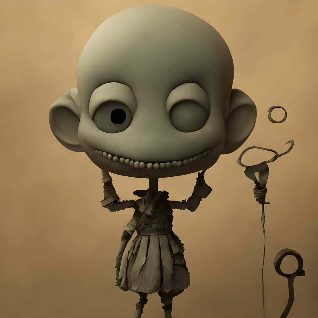 Stylized character 3D rendering with oversized head and slingshot