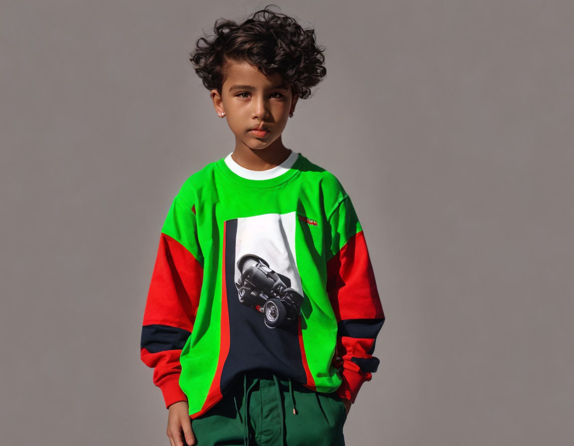 Child modeling vibrant red and green sweatshirt with graphic print and green trousers on grey background