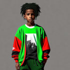 Child modeling vibrant red and green sweatshirt with graphic print and green trousers on grey background