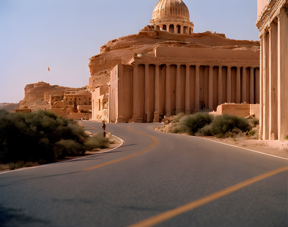 Ancient ruins with columned structures along a curving road