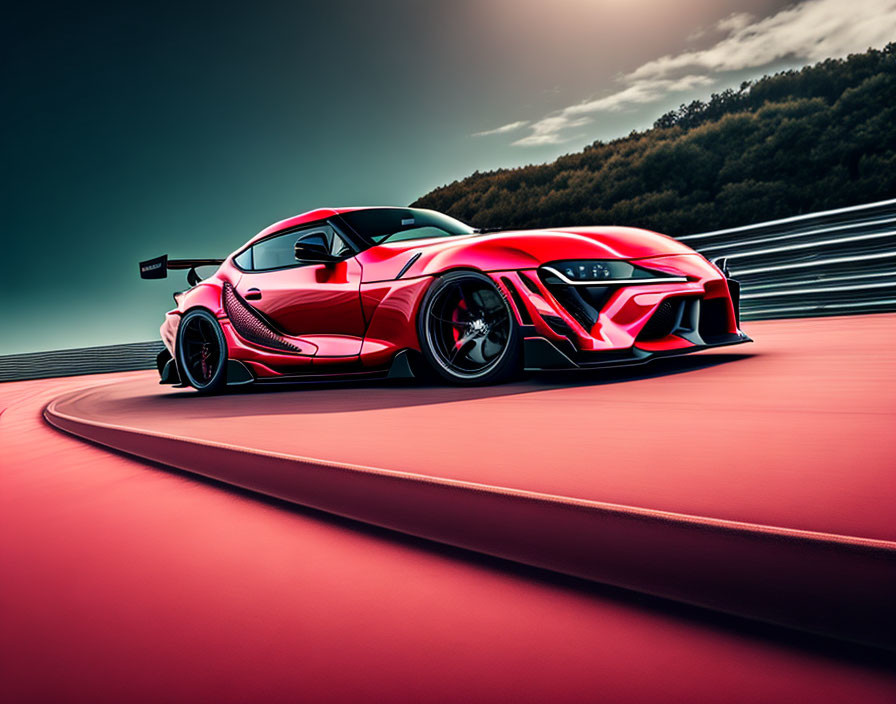 Red Sports Car with Black Accents on Racetrack: Dynamic Speed and Design Perspective