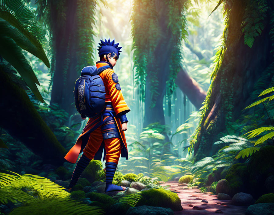 Blue-haired animated character in orange outfit exploring sunny forest