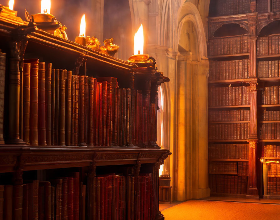 Vintage library with wooden bookshelf, leather-bound books, candles, and gothic window.