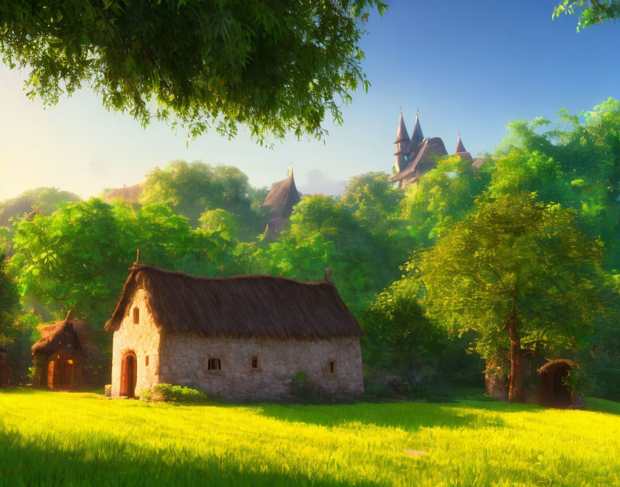 Thatched cottage, greenery, castle in sunrise light