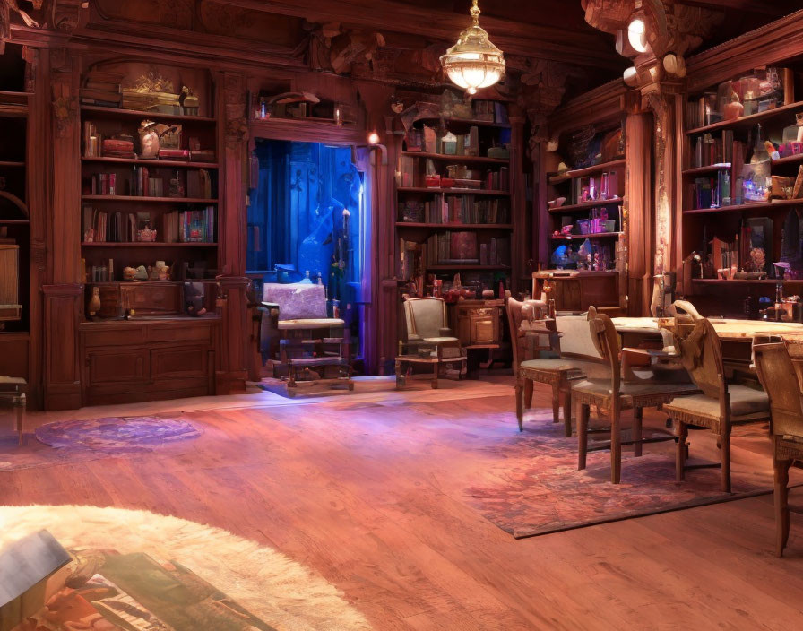 Dimly Lit Library Room with Wooden Bookshelves and Reading Nook