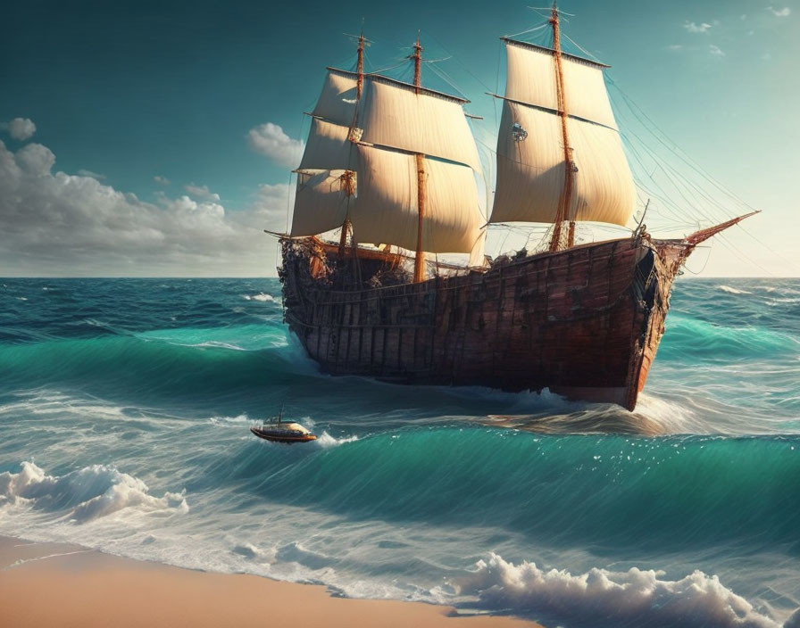 Vintage sailing ship sails on dramatic ocean waves with rowboat.