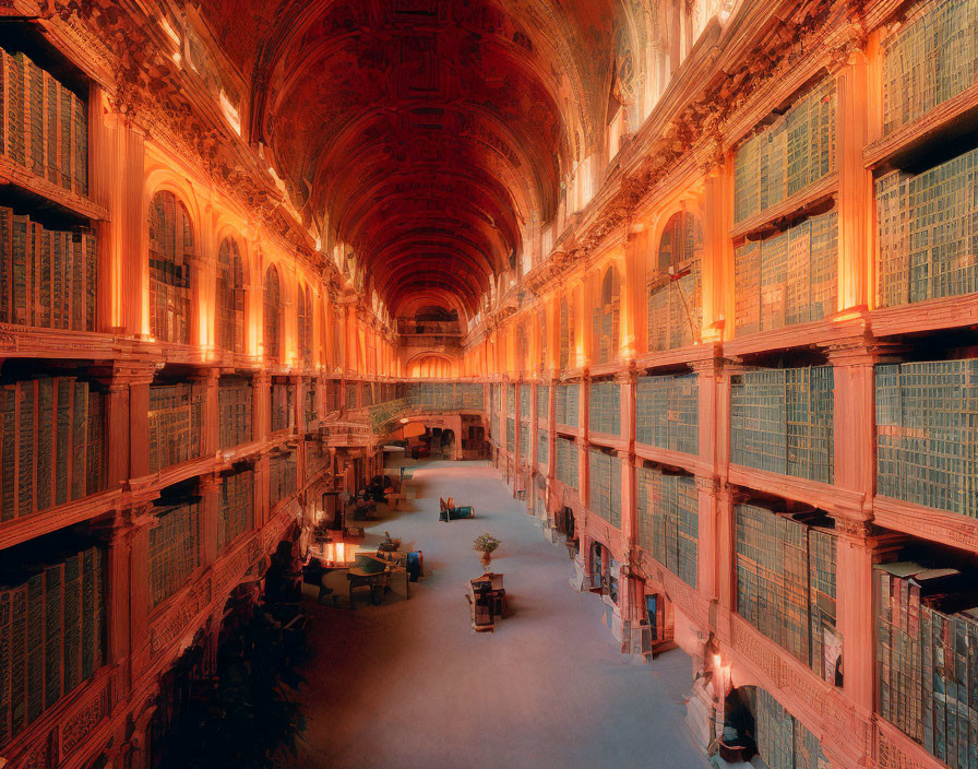 Luxurious library hall with wooden architecture, bookshelves, warm lighting, and reading areas