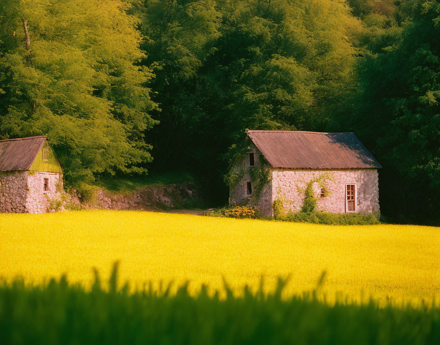 Old Stone Houses in Yellow Flowering Field with Green Forest