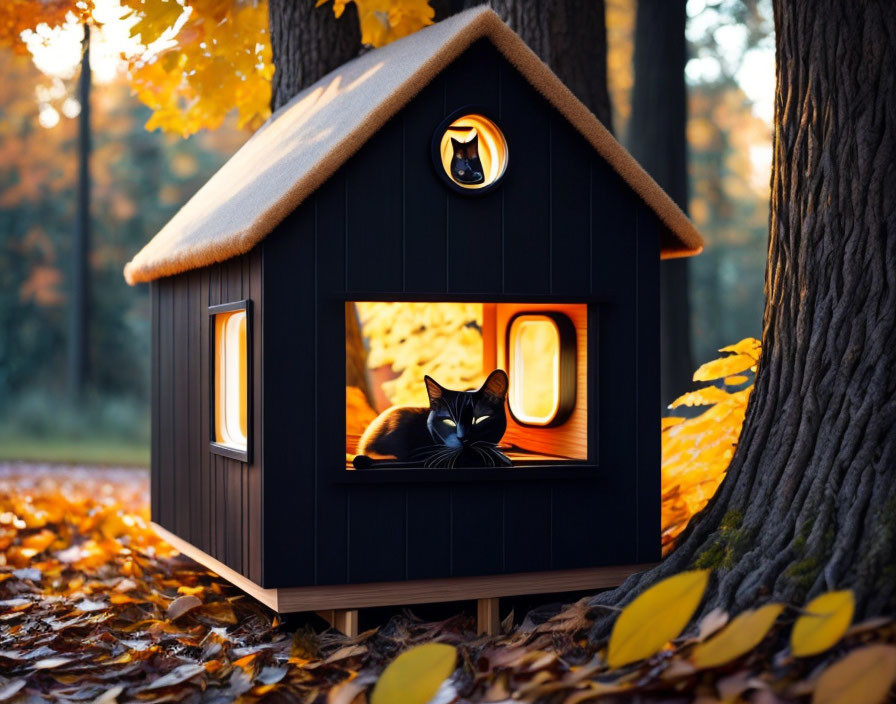 Black Cat Relaxing in Cozy Autumn Forest Setting