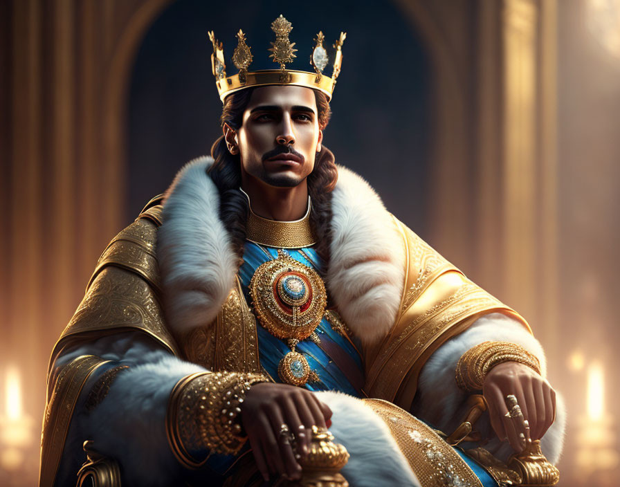 Regal Figure in Golden Crown and Luxurious Robes on Throne