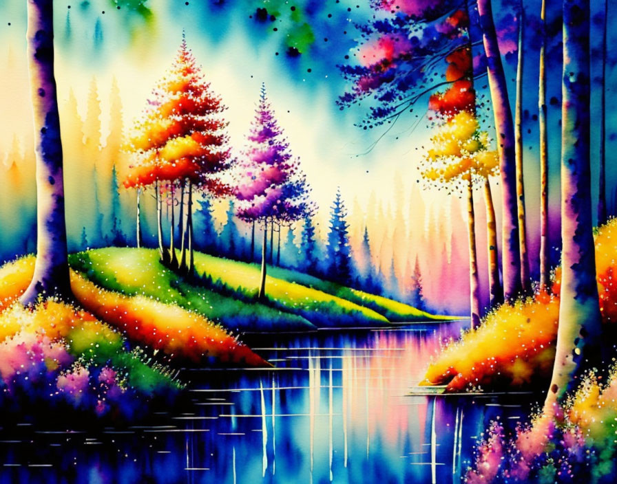 Colorful Watercolor Landscape: Trees, Lake, Dreamy Background