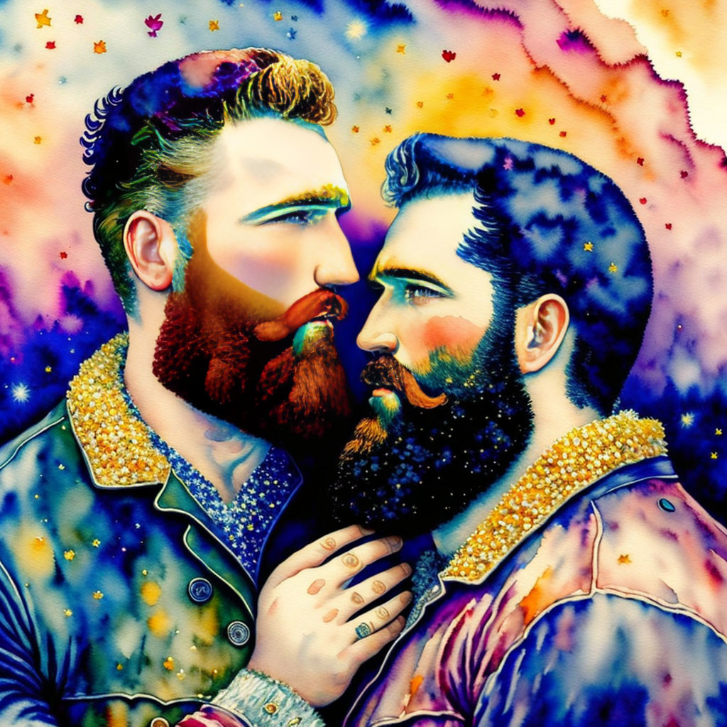 Vibrant psychedelic art: Two bearded men embrace in colorful setting