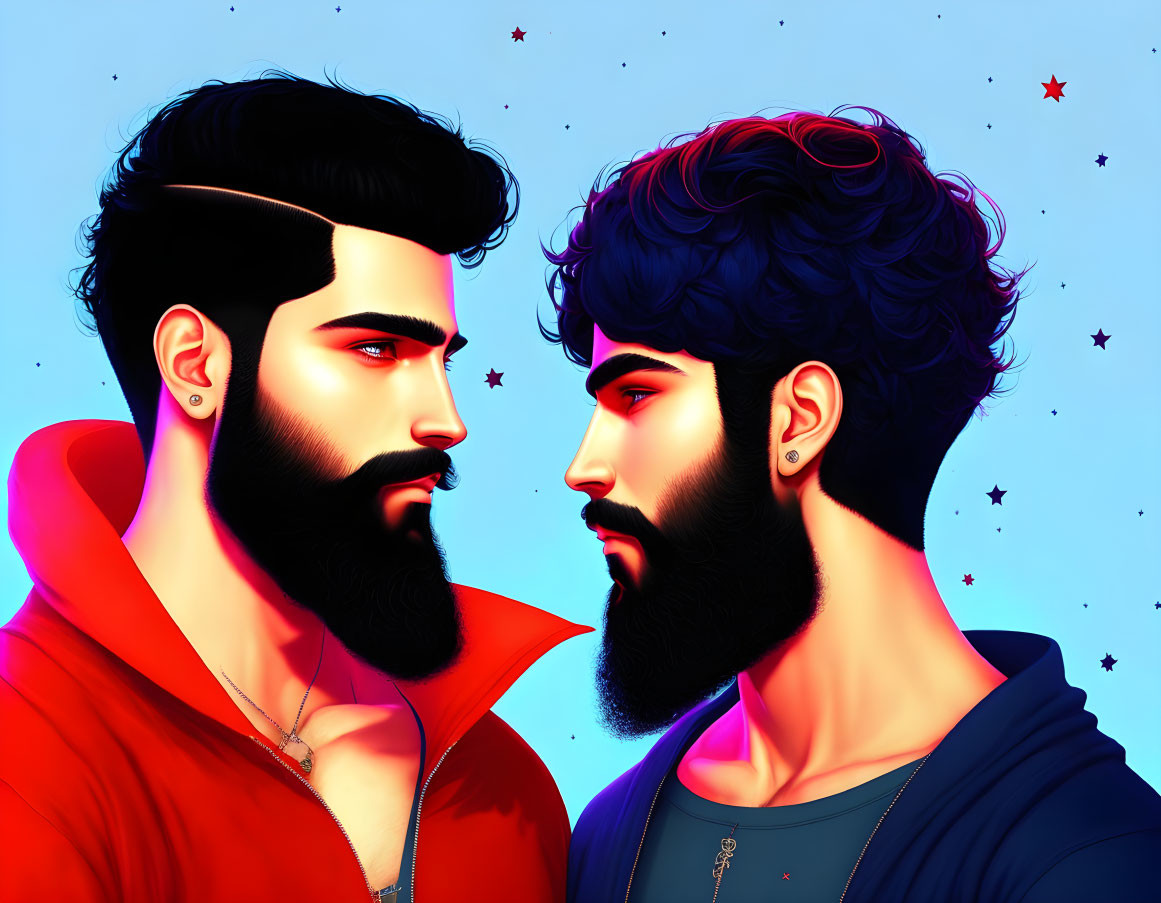 Stylized bearded men in red and blue hoodies on blue starry background