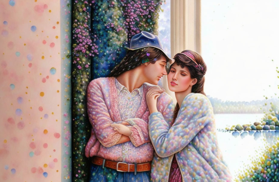 Romantic painting of couple embracing by window with serene landscape