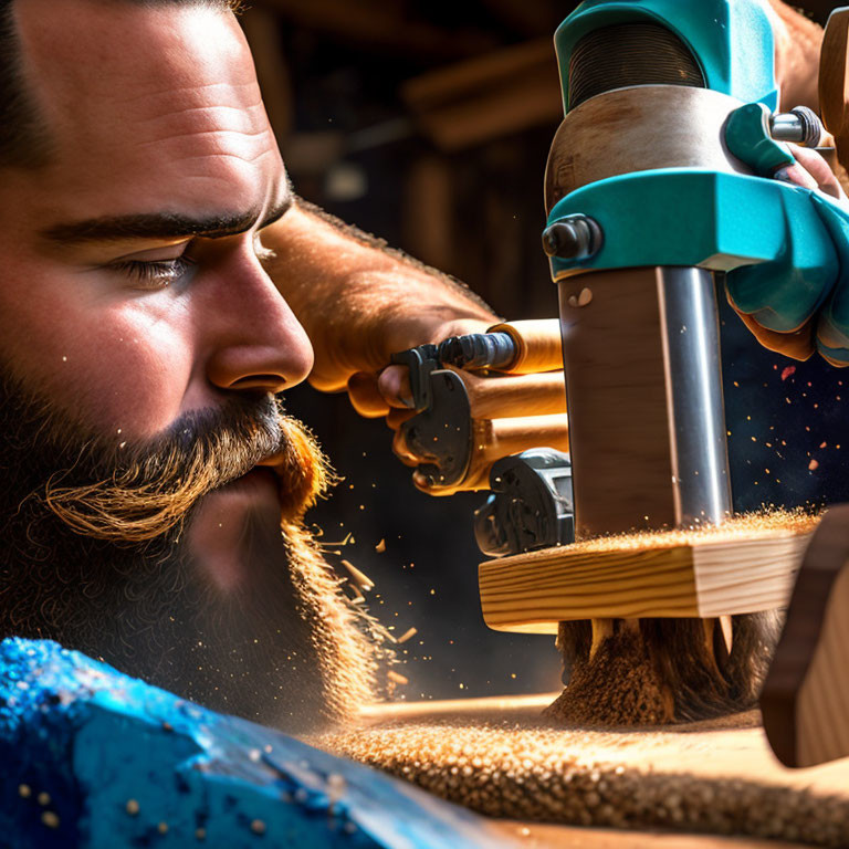 Bearded man using circular saw on wood with sawdust.