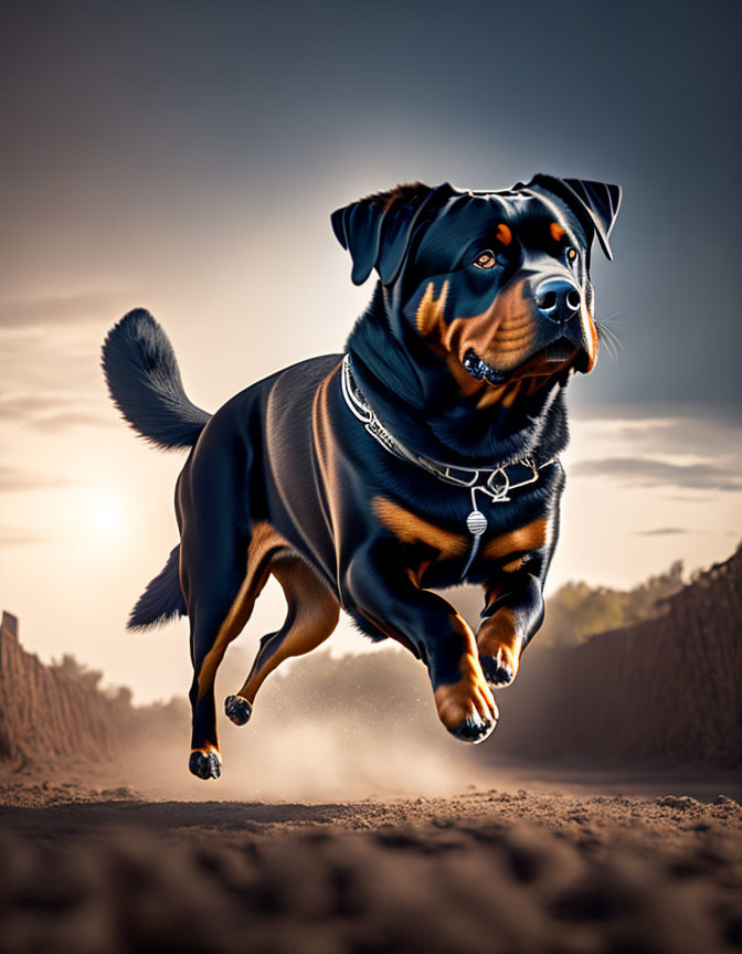 Strong Rottweiler Running on Dusty Path with Silver Chain Collar