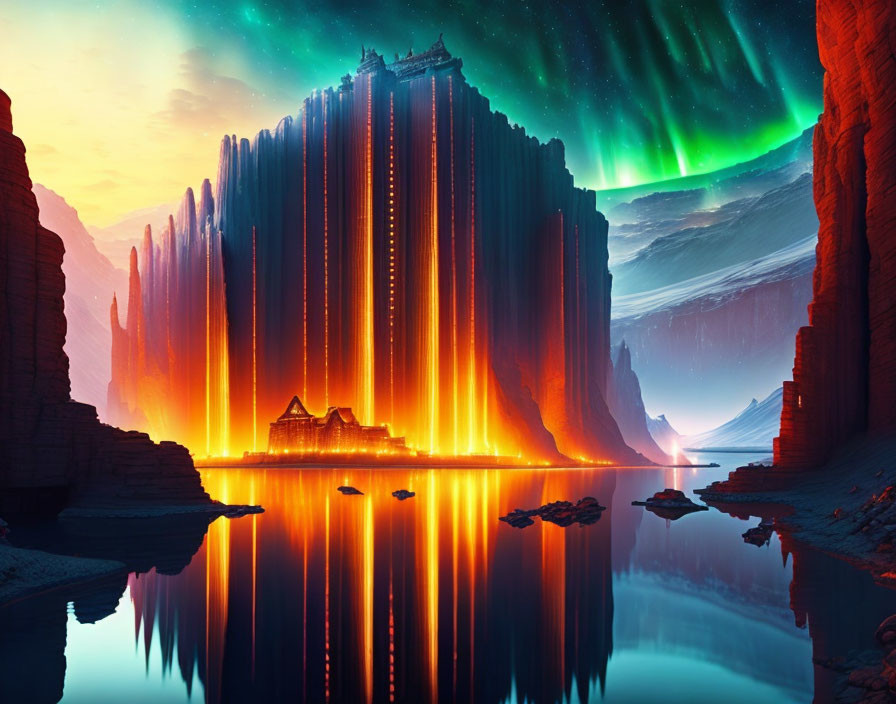 Fantastical landscape with towering cliffs, lava rivers, tranquil lake, and mesmerizing aurora.