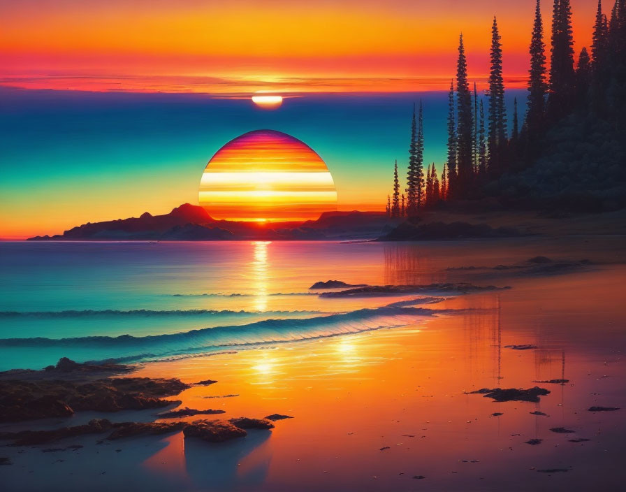 Colorful Beach Sunset with Large Sun, Reflecting Water, and Silhouetted Trees